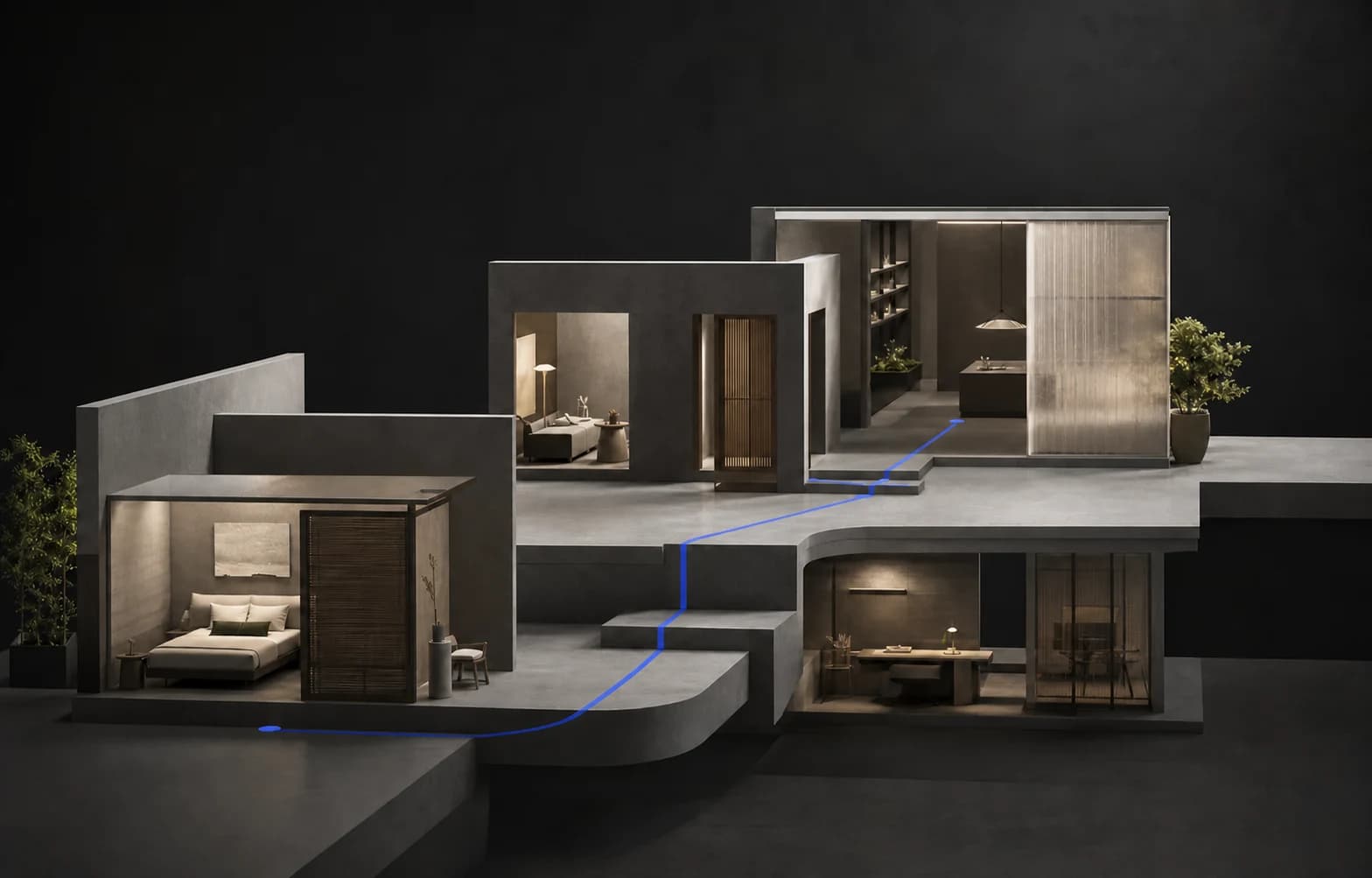 Abstract architectural composition representing connected hospitality layers for King Enterprises